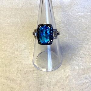 FINAL SALE PRICE 10K White Gold Blue Topaz & White/Black Diamond Ring